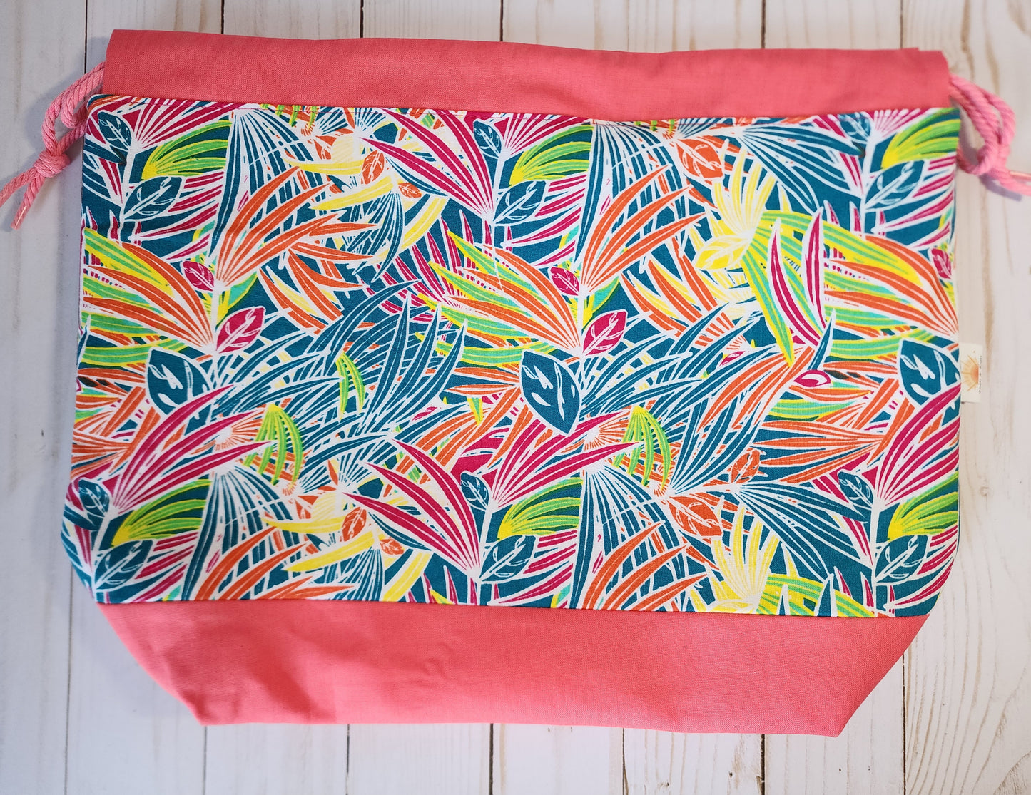 Tropical Fern Coral Large Drawstring Project Bag