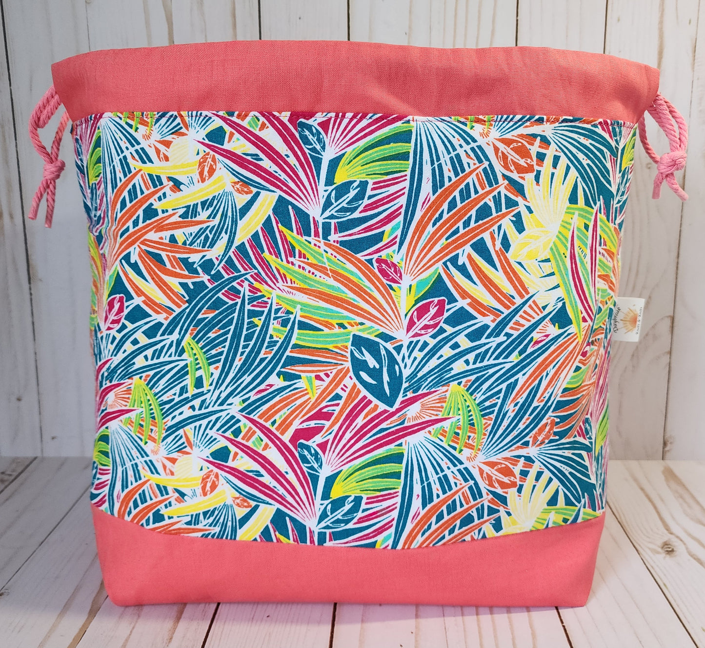 Tropical Fern Coral Large Drawstring Project Bag