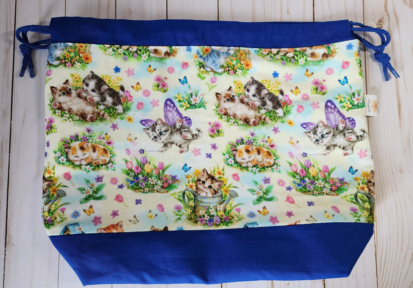 Kittens and Butterflies Blue Large Drawstring Project Bag