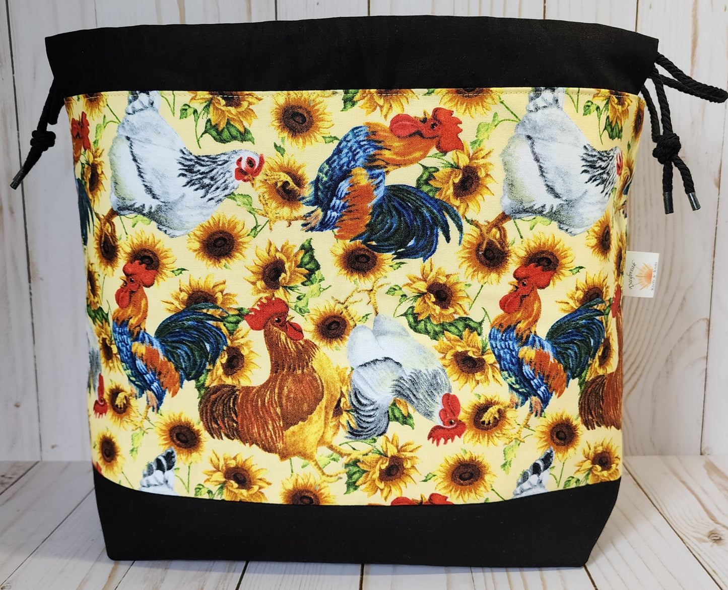 Chickens and Sunflowers Large Drawstring Project Bag