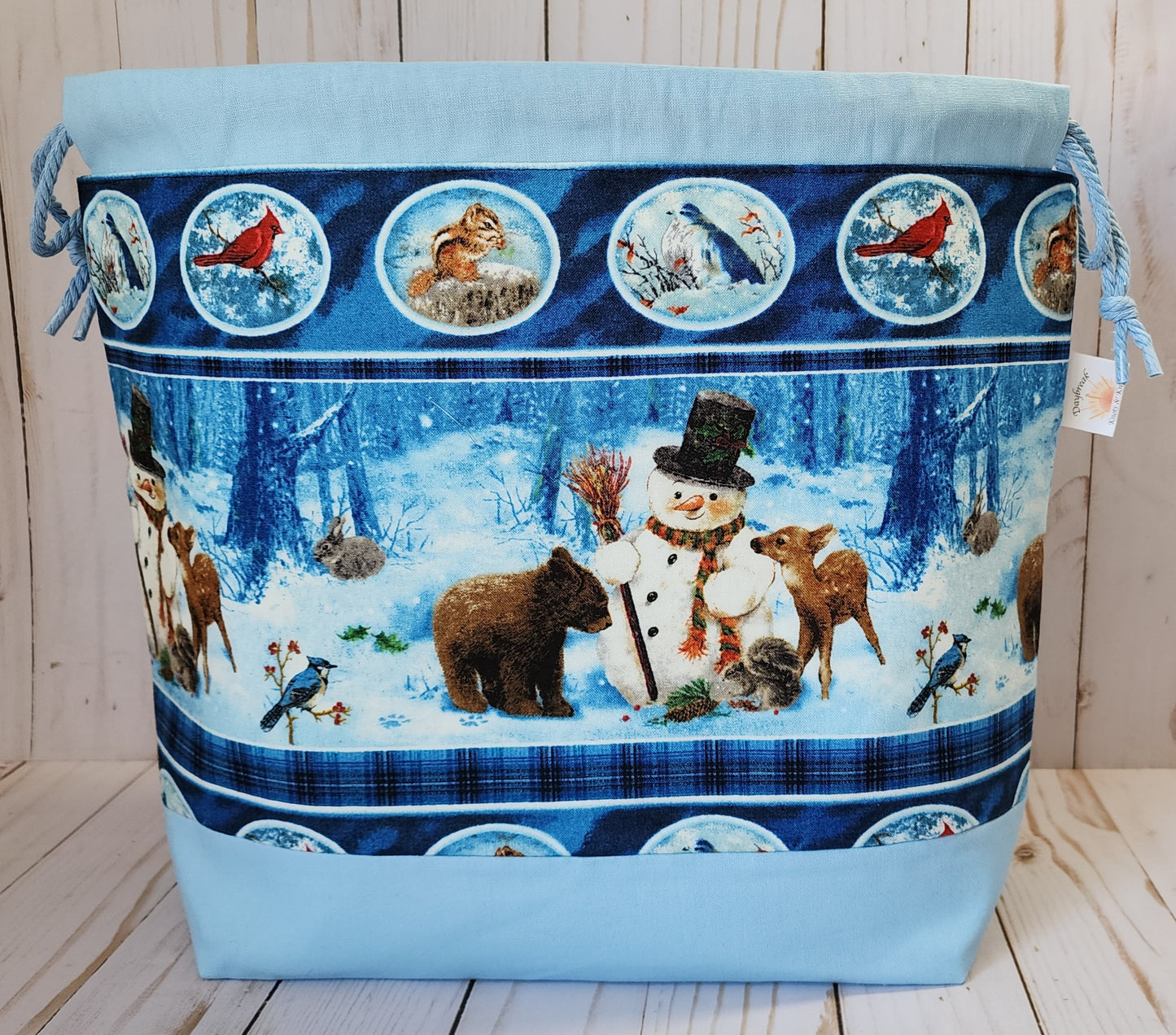 Snowman and Woodland Critters Light Blue Large Drawstring Project Bag