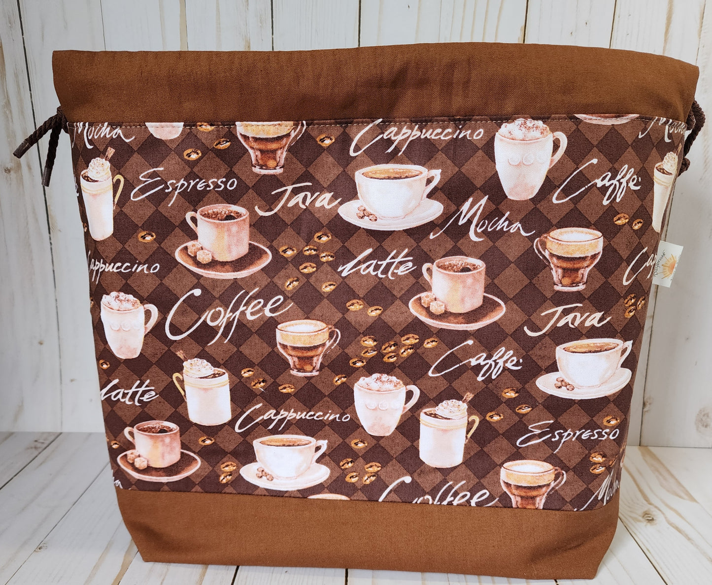 Coffee Theme Light Large Drawstring Project Bag RESERVED for Laura M