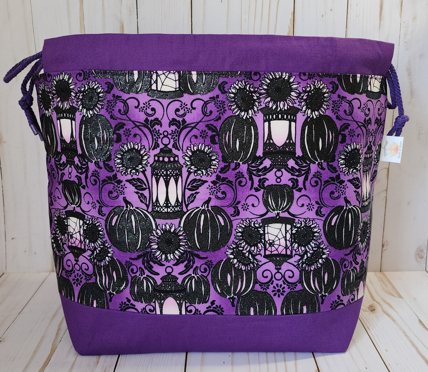 Lanterns, Pumpkins and Sunflowers Purple Large Drawstring Project Bag