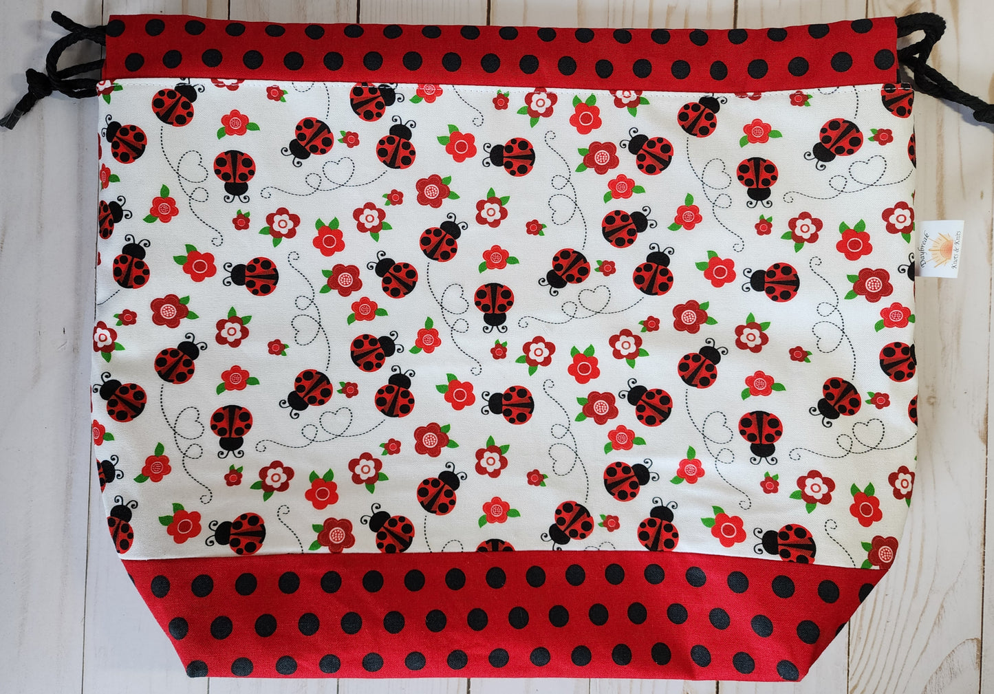 Ladybugs and Flowers Large Drawstring Project Bag