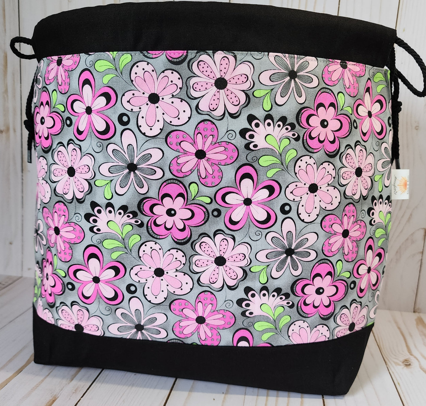 Pink Flowers on Gray Large Drawstring Project Bag