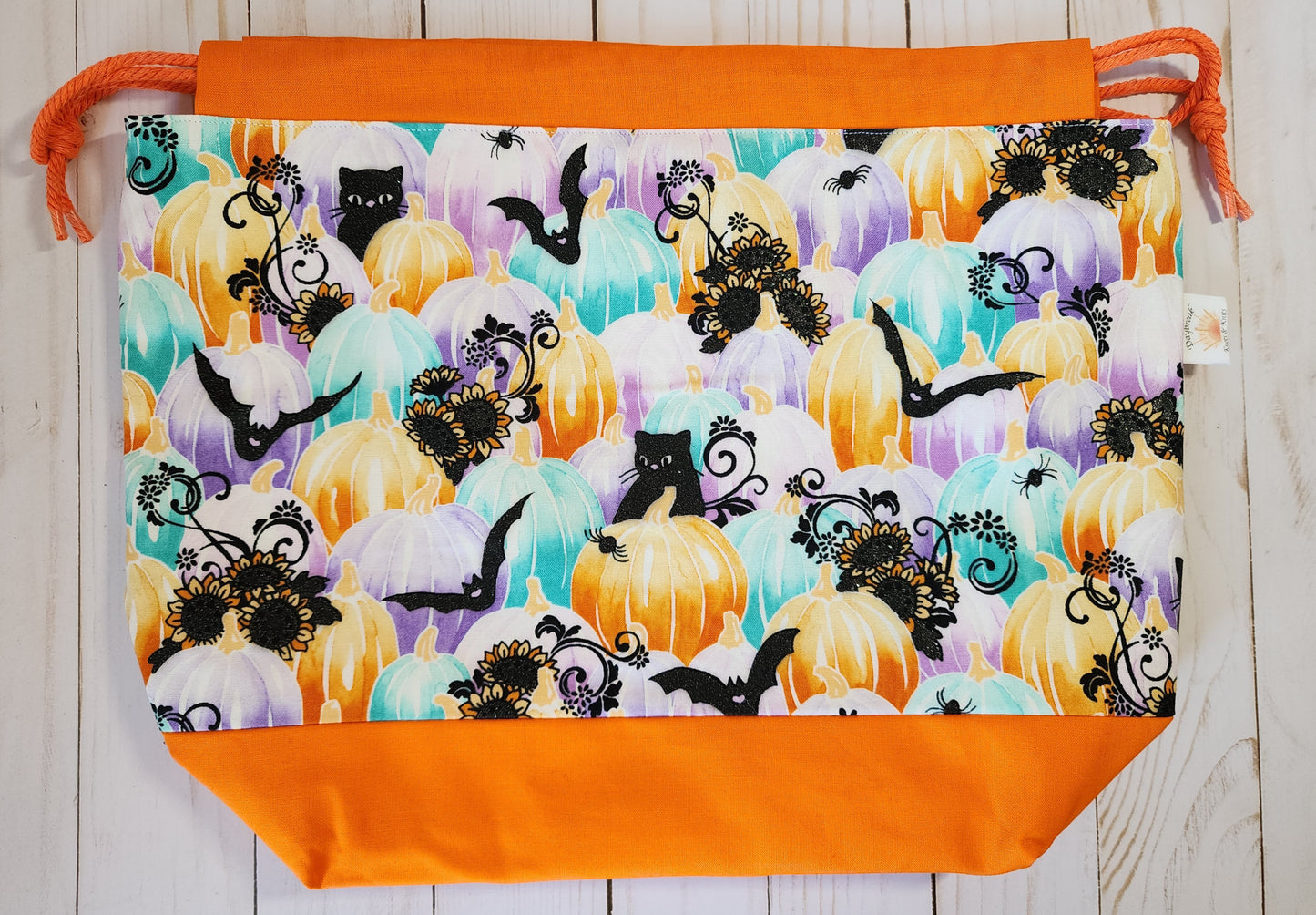 Cats and Pumpkins Orange Large Drawstring Project Bag
