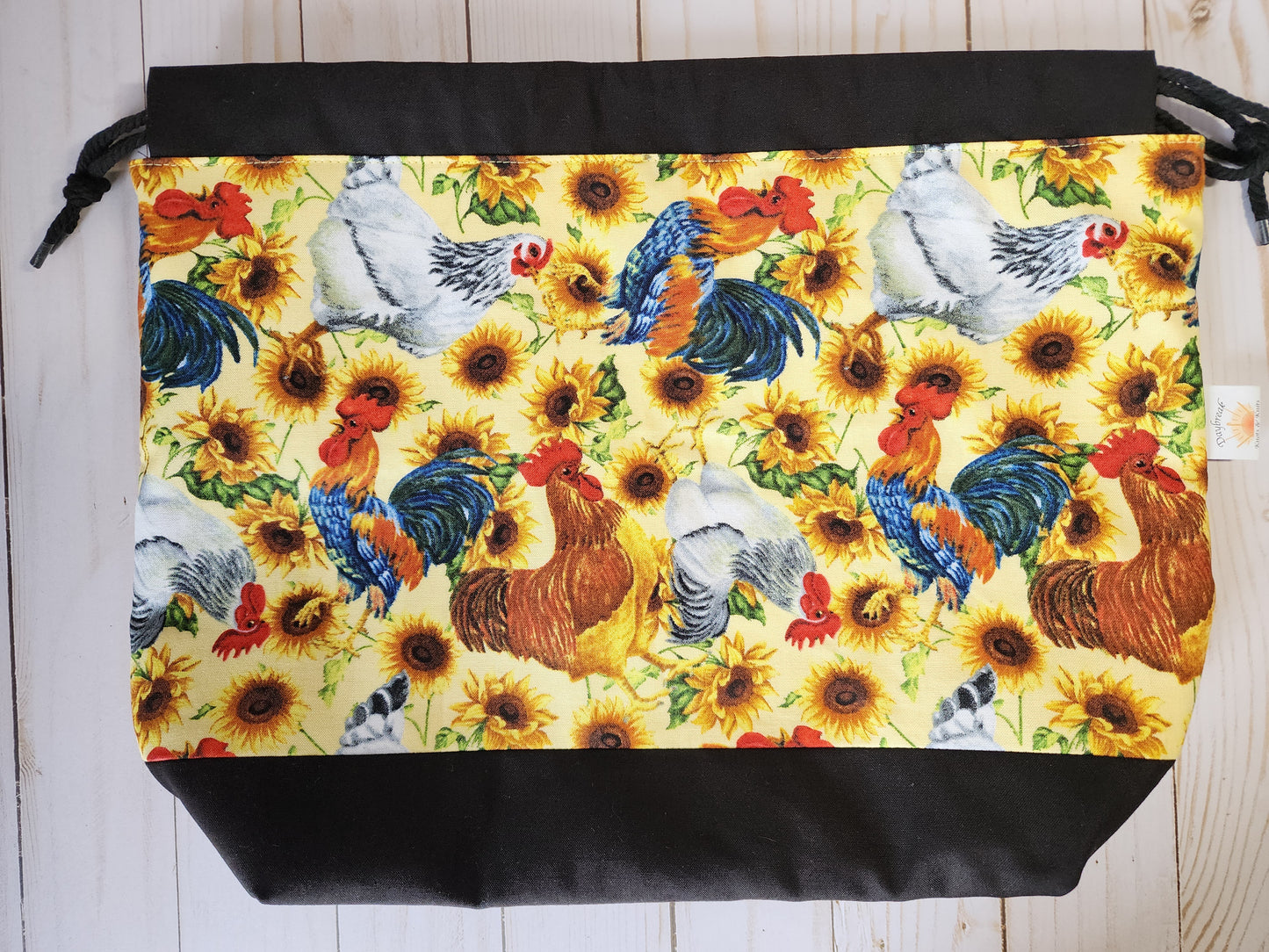 Chickens and Sunflowers Large Drawstring Project Bag
