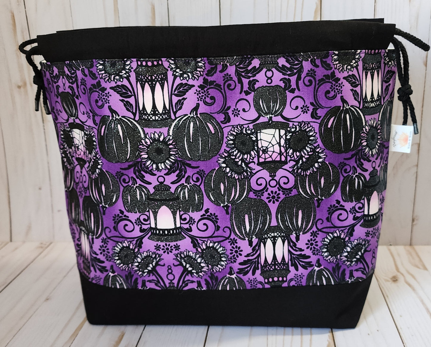 Lanterns, Pumpkins, and Sunflowers Black Large Drawstring Project Bag
