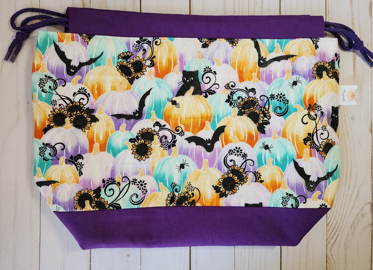 Cats and Pumpkins Purple Large Drawstring Project Bag