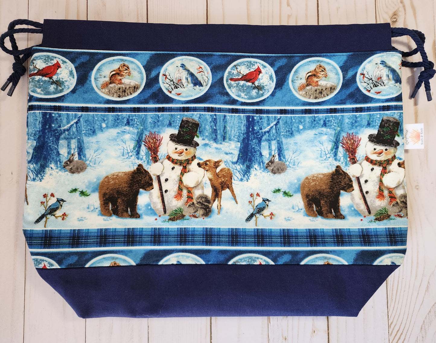 Snowman and Woodland Critters Light Brown Large Drawstring Project Bag