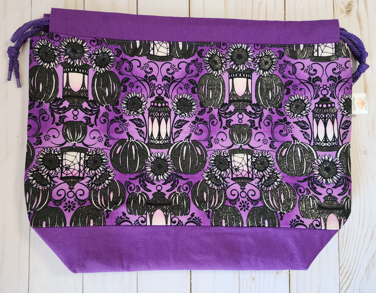 Lanterns, Pumpkins and Sunflowers Purple Large Drawstring Project Bag
