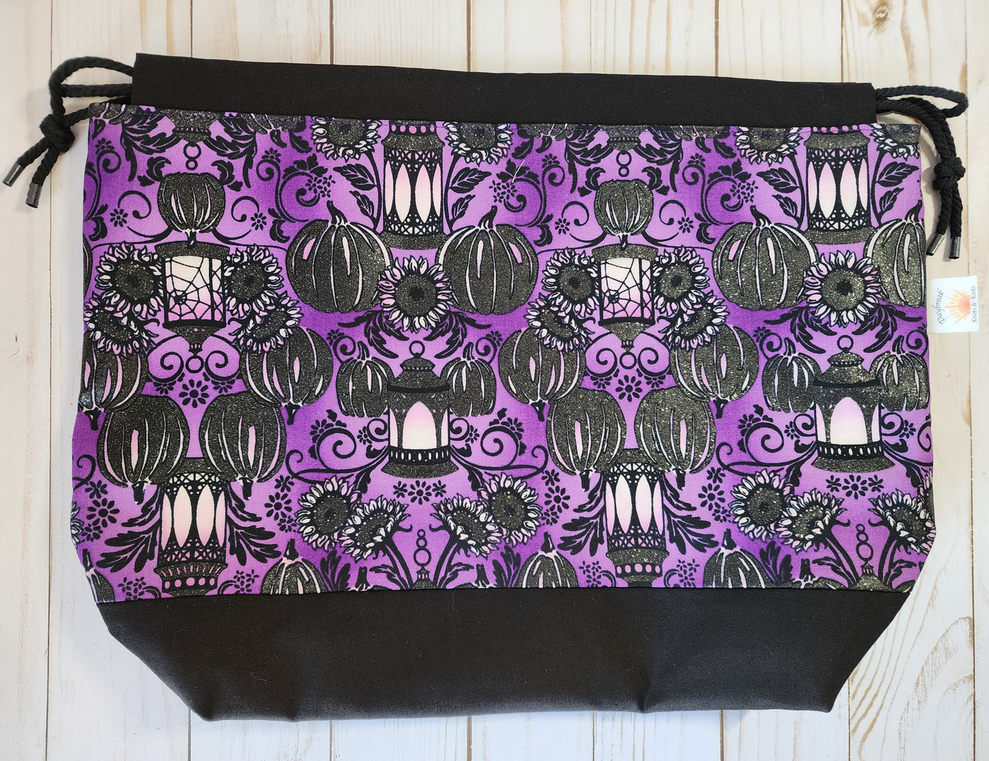 Lanterns, Pumpkins, and Sunflowers Black Large Drawstring Project Bag