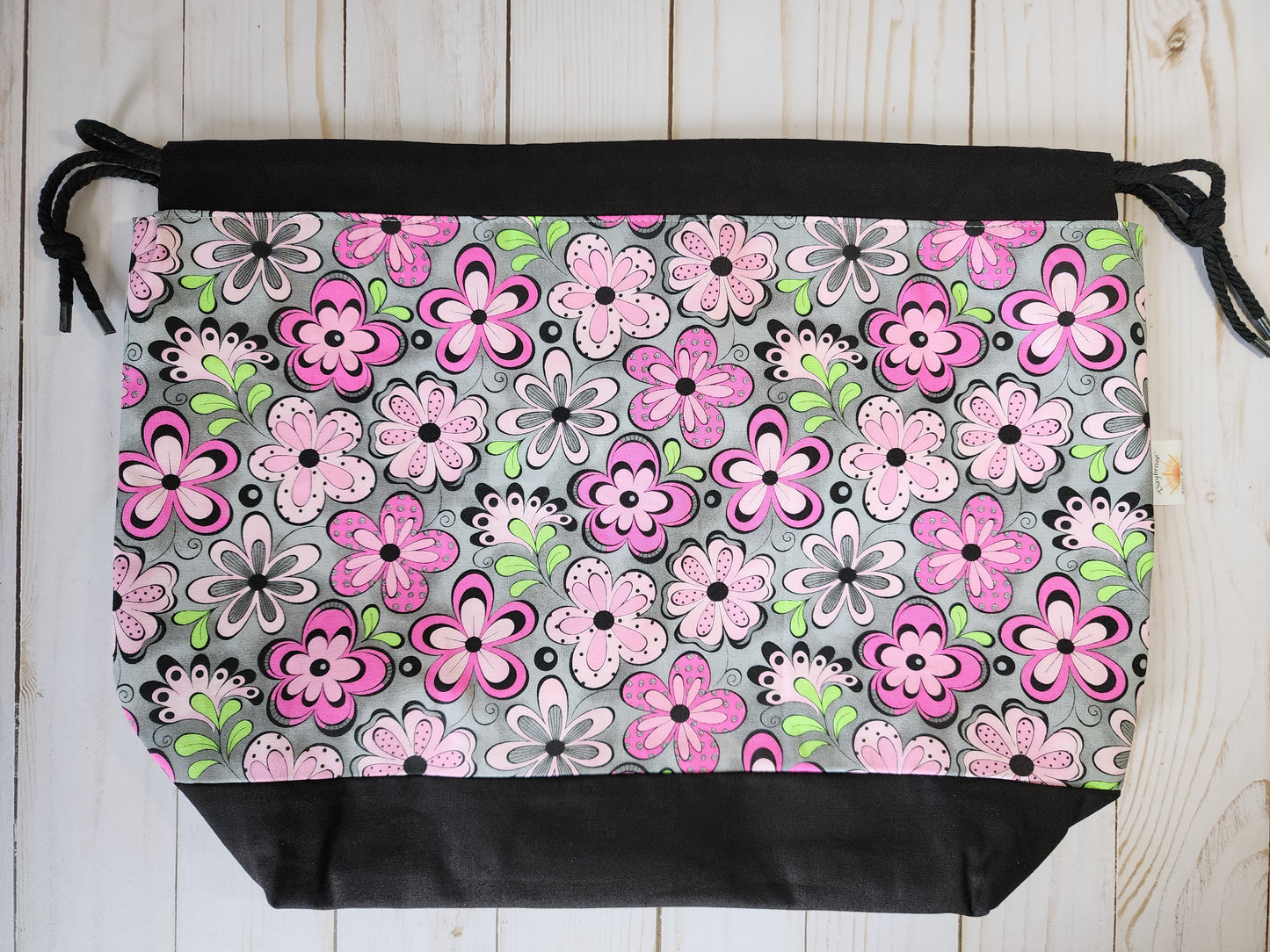 Pink Flowers on Gray Large Drawstring Project Bag