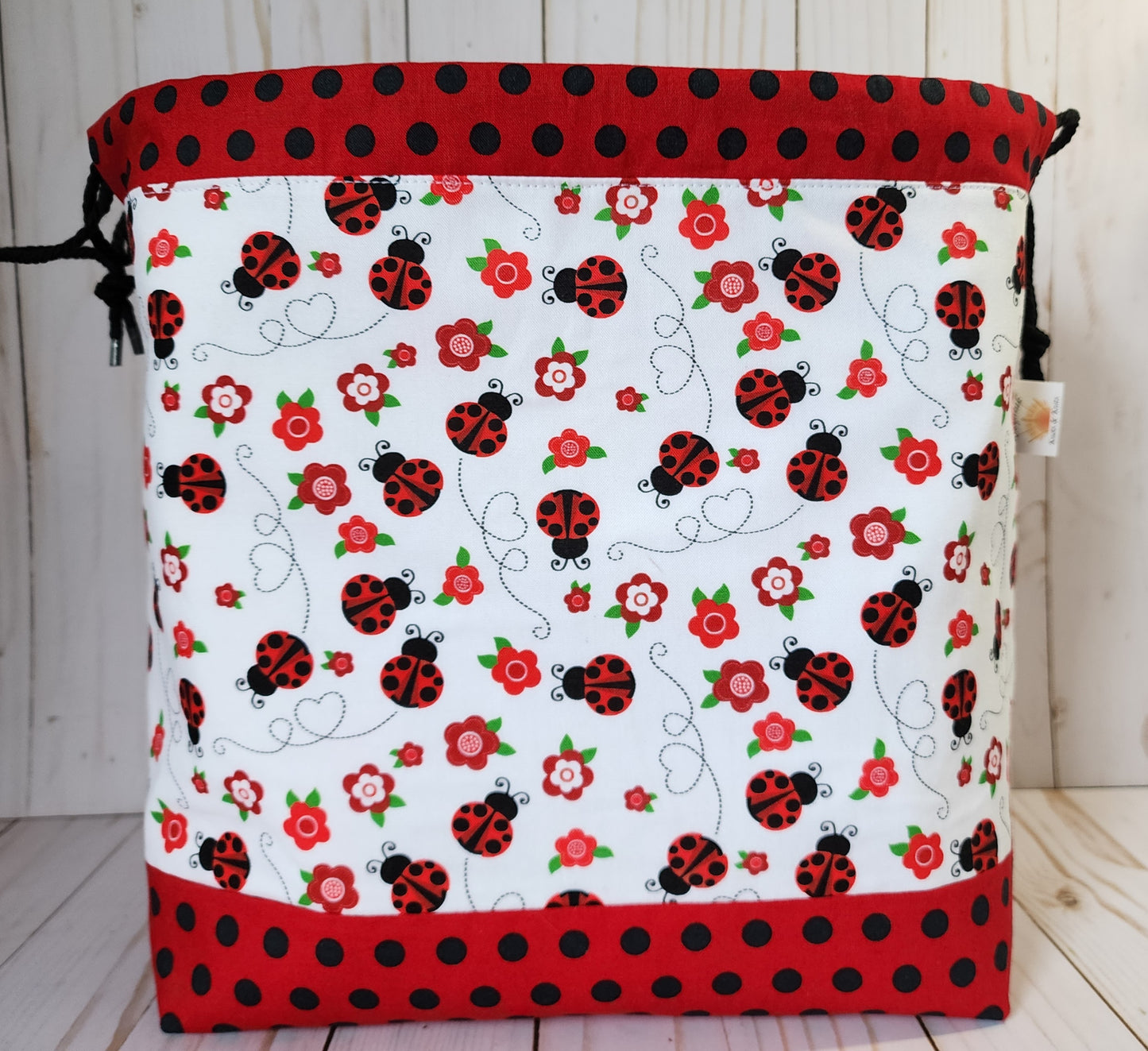 Ladybugs and Flowers Large Drawstring Project Bag