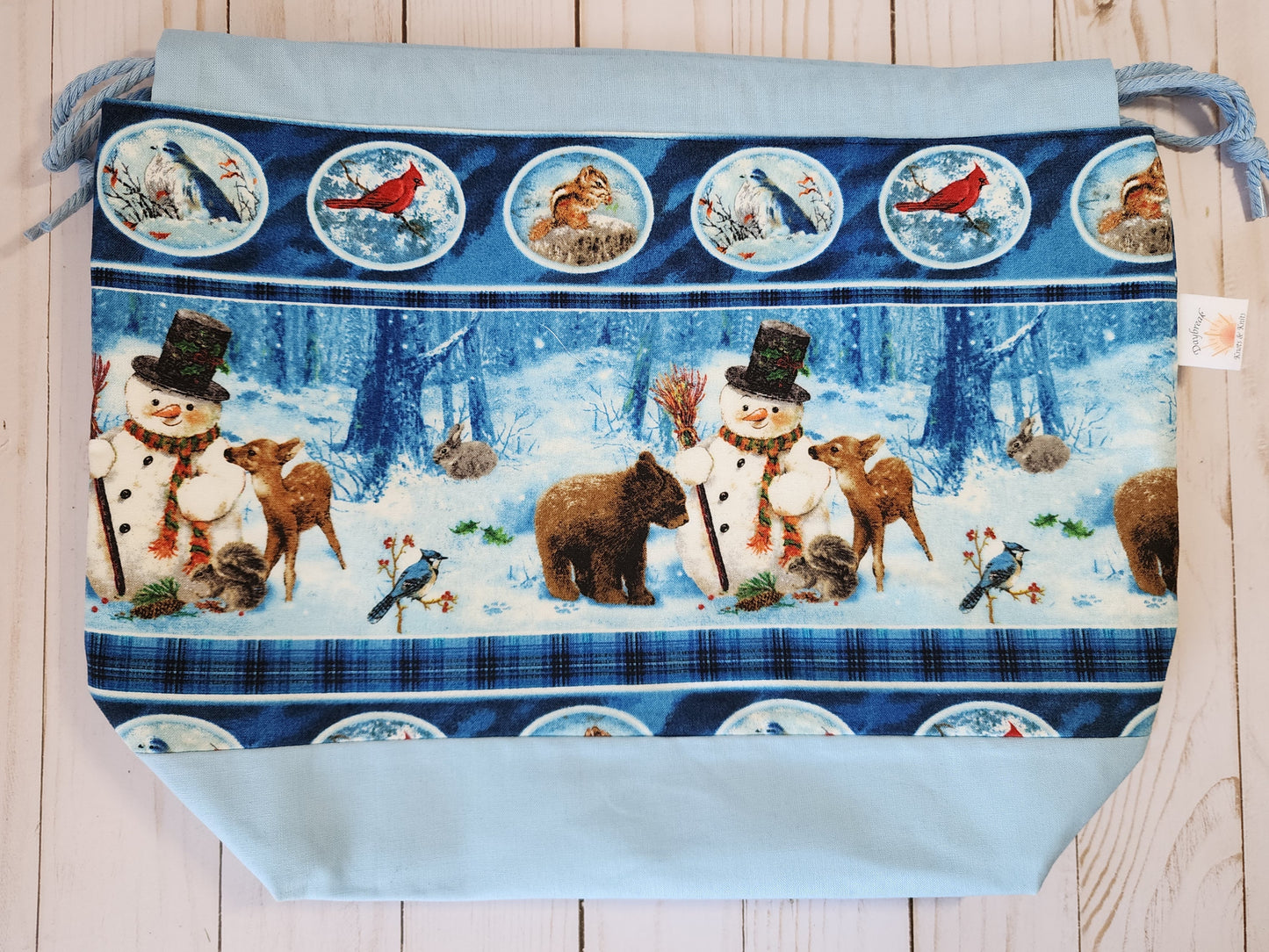Snowman and Woodland Critters Light Blue Large Drawstring Project Bag