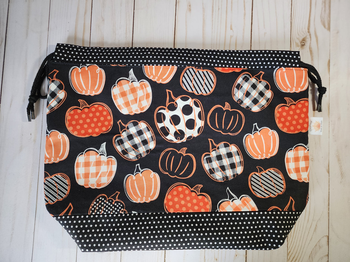 Dark Pumpkins and Polka Dots Large Drawstring Project Bag