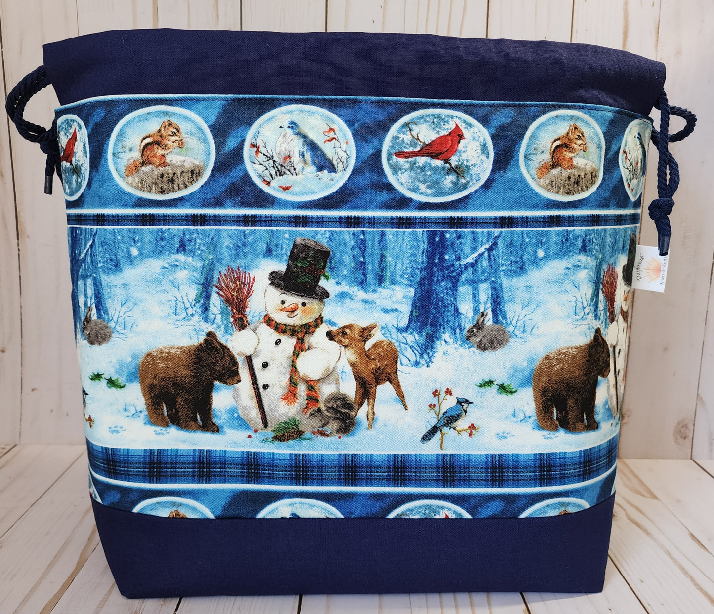 Snowman and Woodland Critters Light Brown Large Drawstring Project Bag