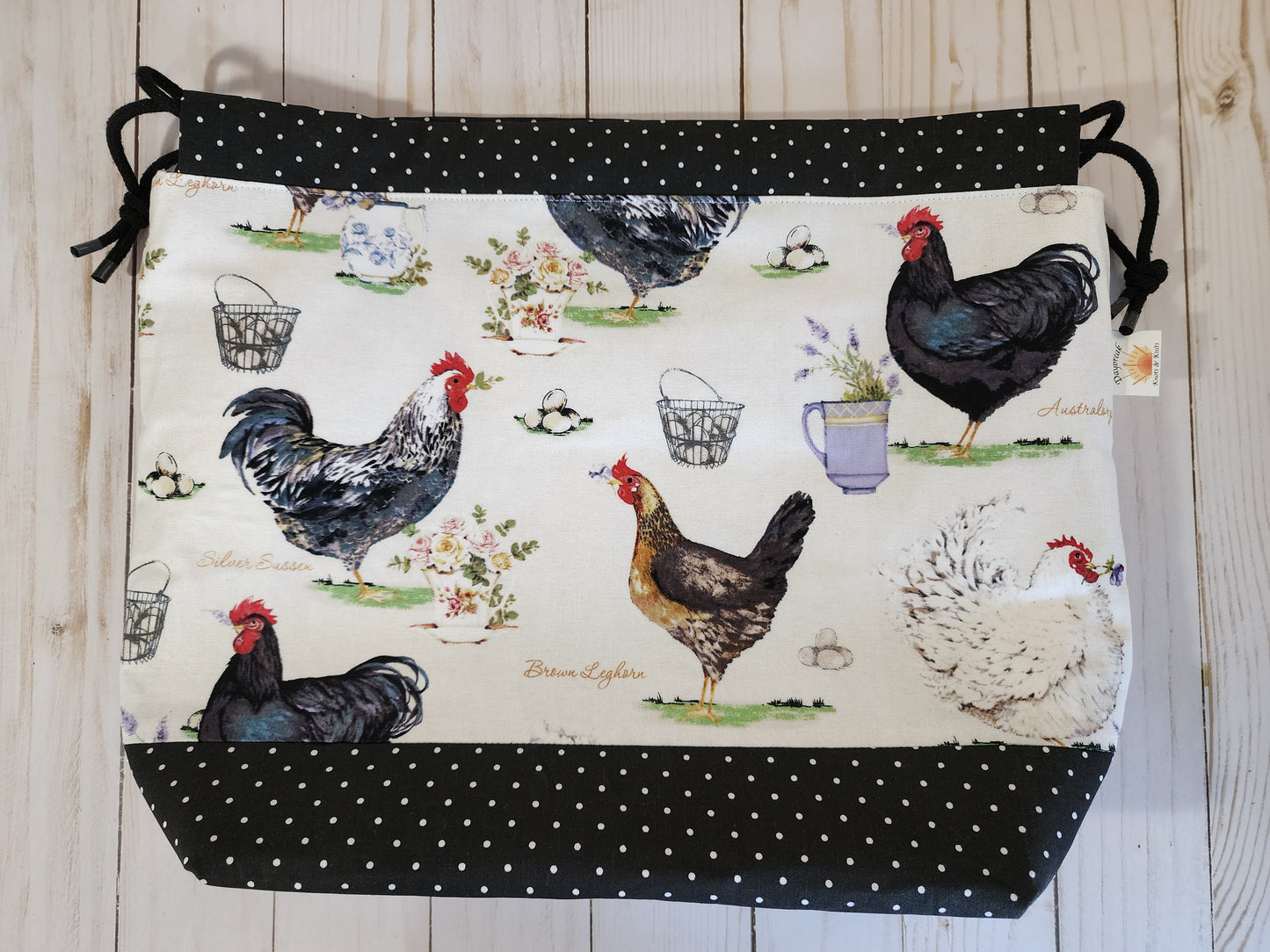 Chickens White/Black Large Drawstring Project Bag