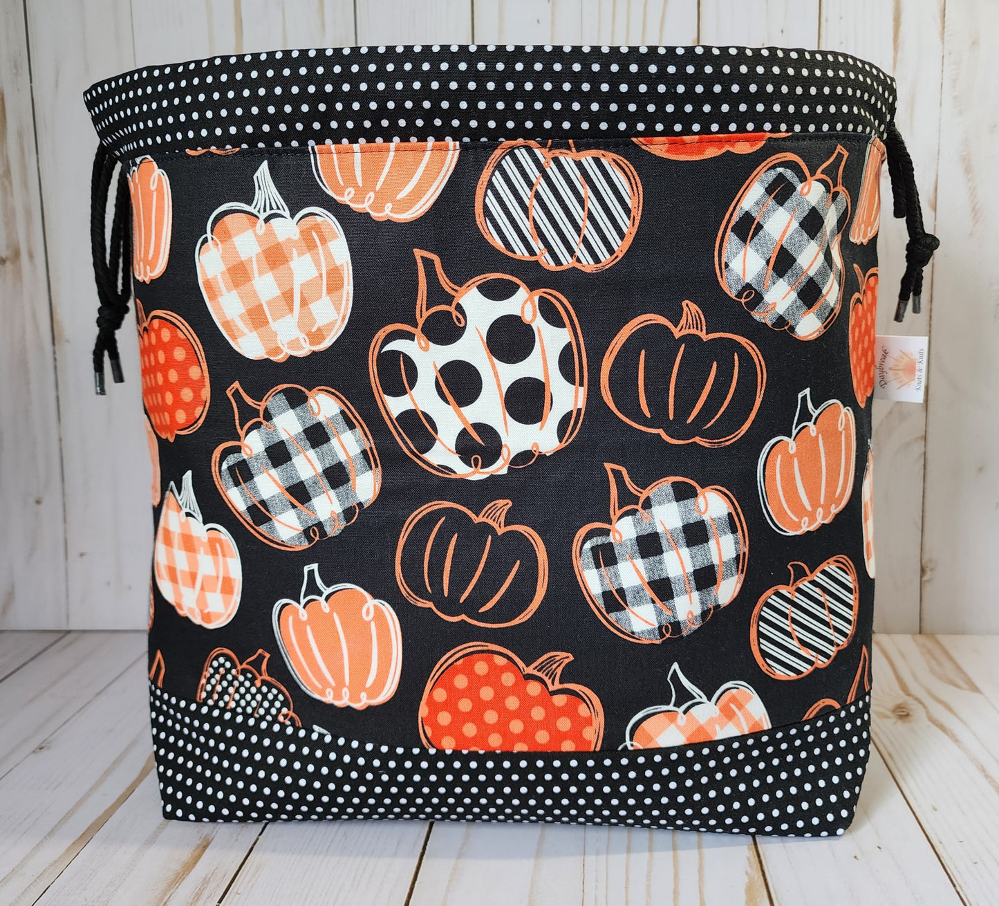 Dark Pumpkins and Polka Dots Large Drawstring Project Bag