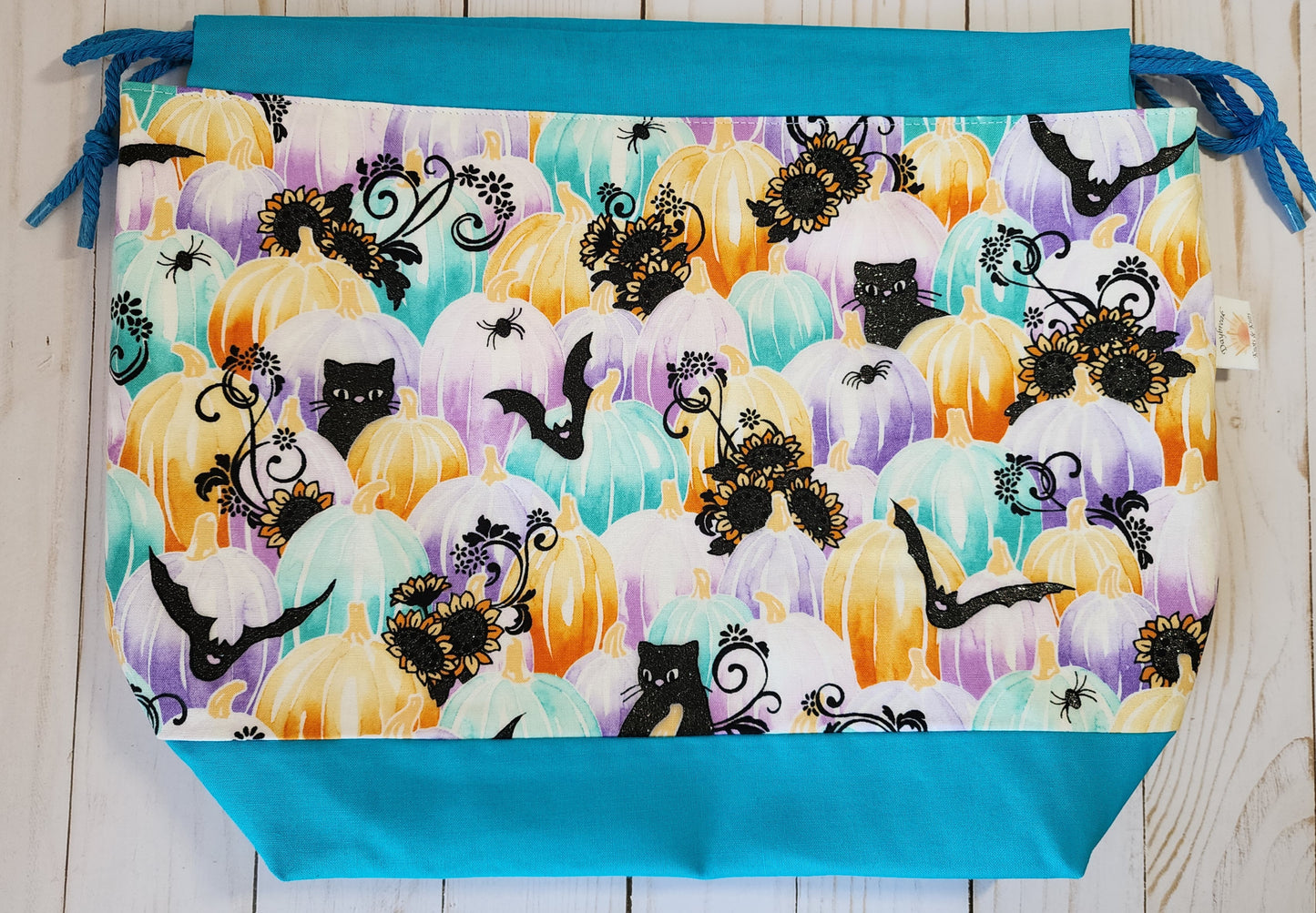 Cats And Pumpkins Teal Large Drawstring Project Bag