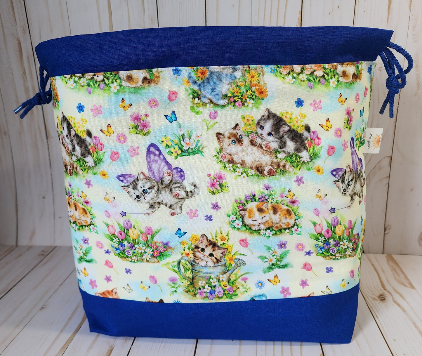 Kittens and Butterflies Blue Large Drawstring Project Bag
