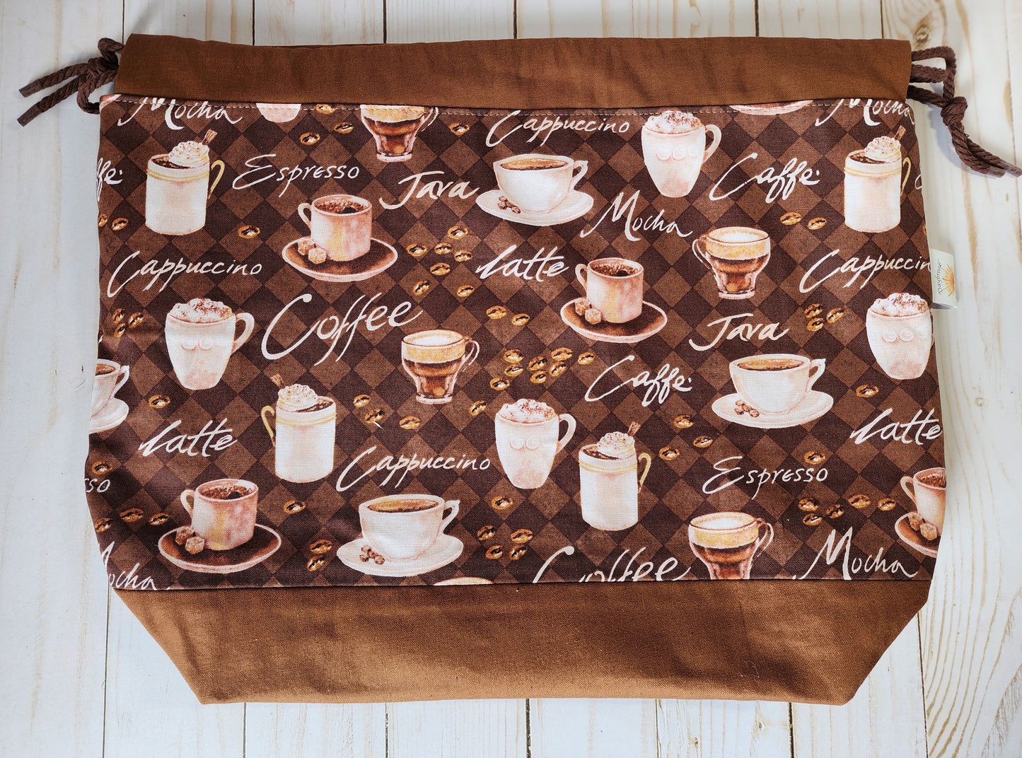 Coffee Theme Light Large Drawstring Project Bag RESERVED for Laura M