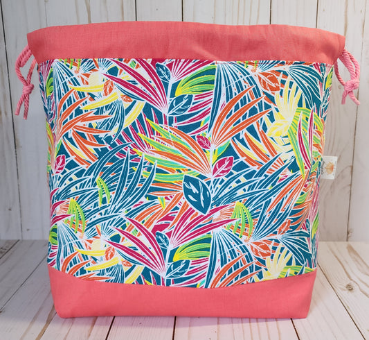 Tropical Fern Coral Large Drawstring Project Bag