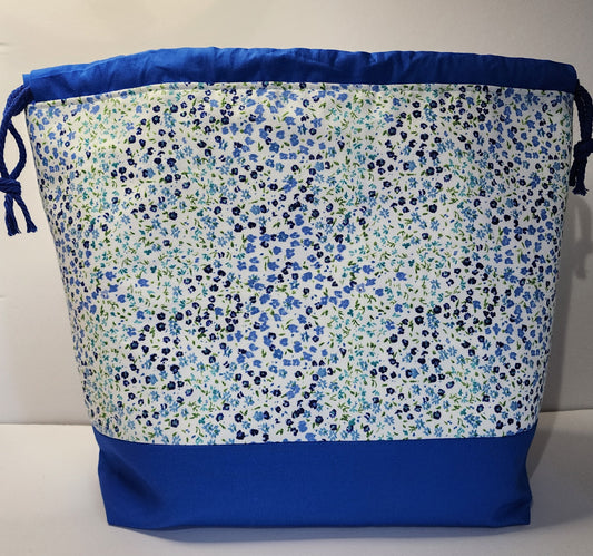 Large 2 Blues Flower Drawstring Project Bag