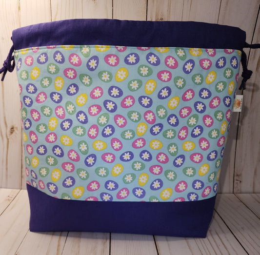 Large Easter Eggs on Blue Drawstring Project Bag