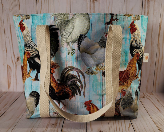Chicken on Blue Tote Bag