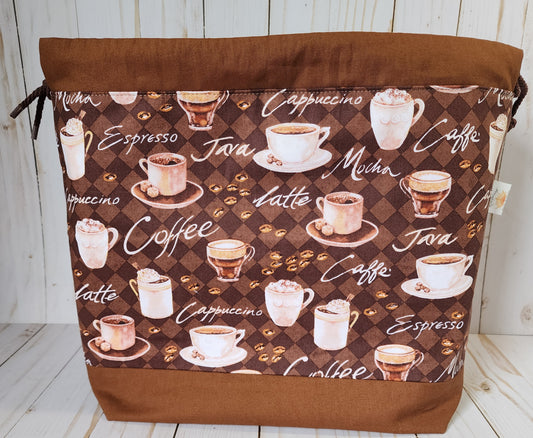 Coffee Theme Light Large Drawstring Project Bag RESERVED for Laura M