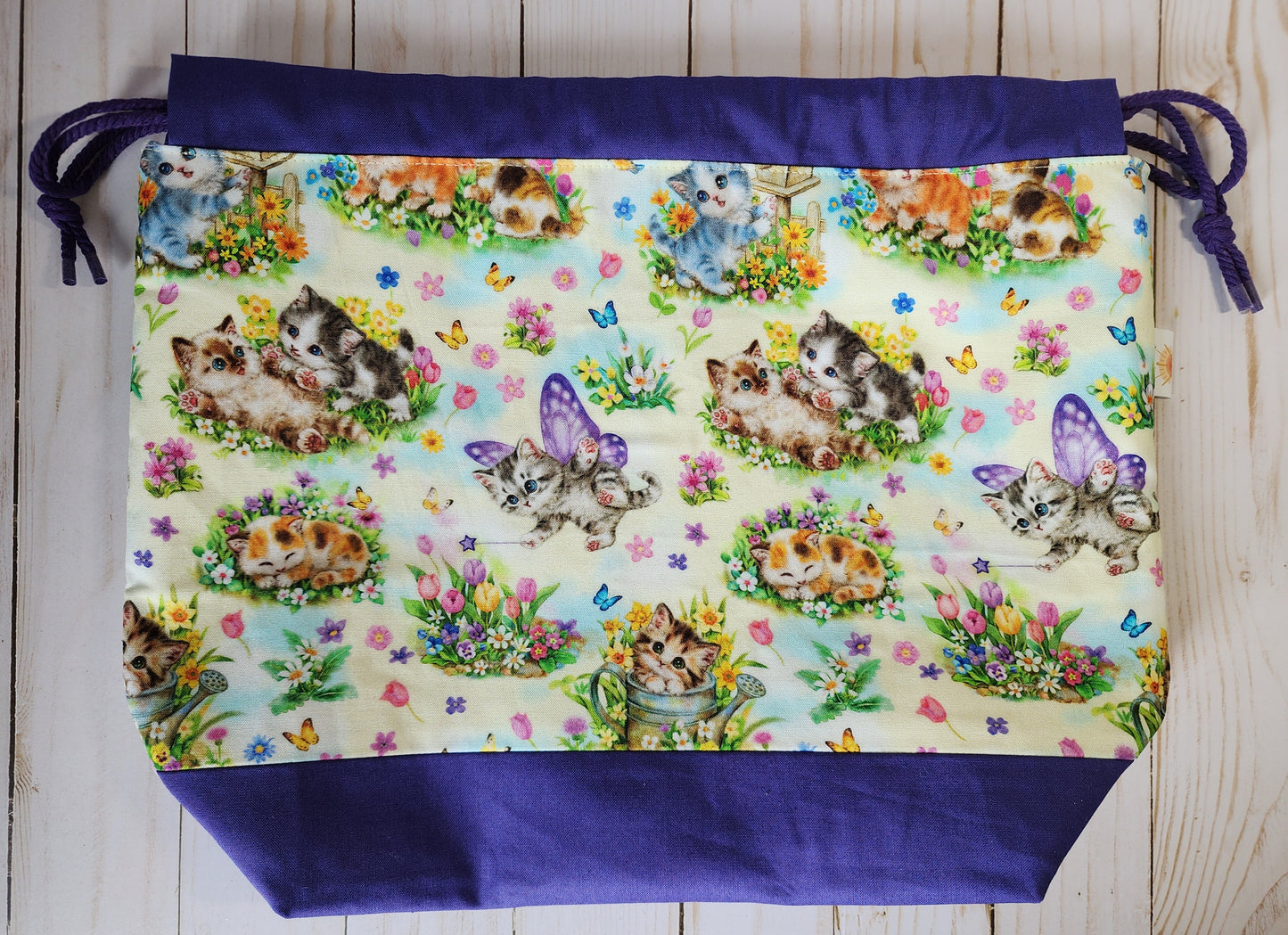 Kittens and Butterflies Purple Large Drawstring Project Bag