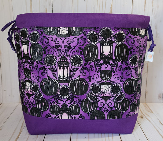 Lanterns, Pumpkins and Sunflowers Purple Large Drawstring Project Bag