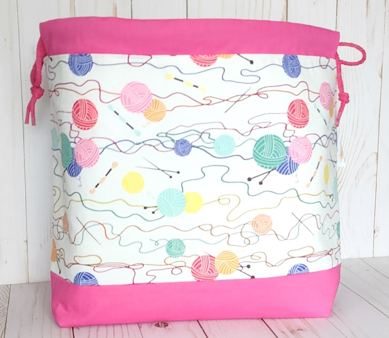 Yarn Balls Pink Large Drawstring Project Bag