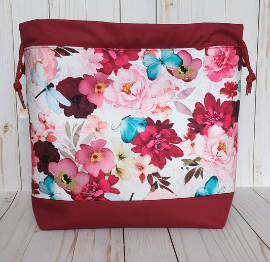 Burgundy Peony Large Drawstring Project Bag