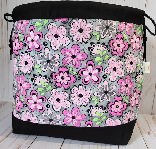 Pink Flowers on Gray Large Drawstring Project Bag