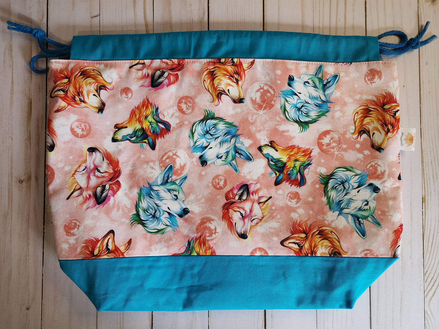 Wolves Teal Large Drawstring Project Bag