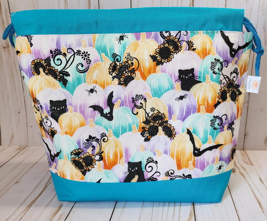 Cats And Pumpkins Teal Large Drawstring Project Bag
