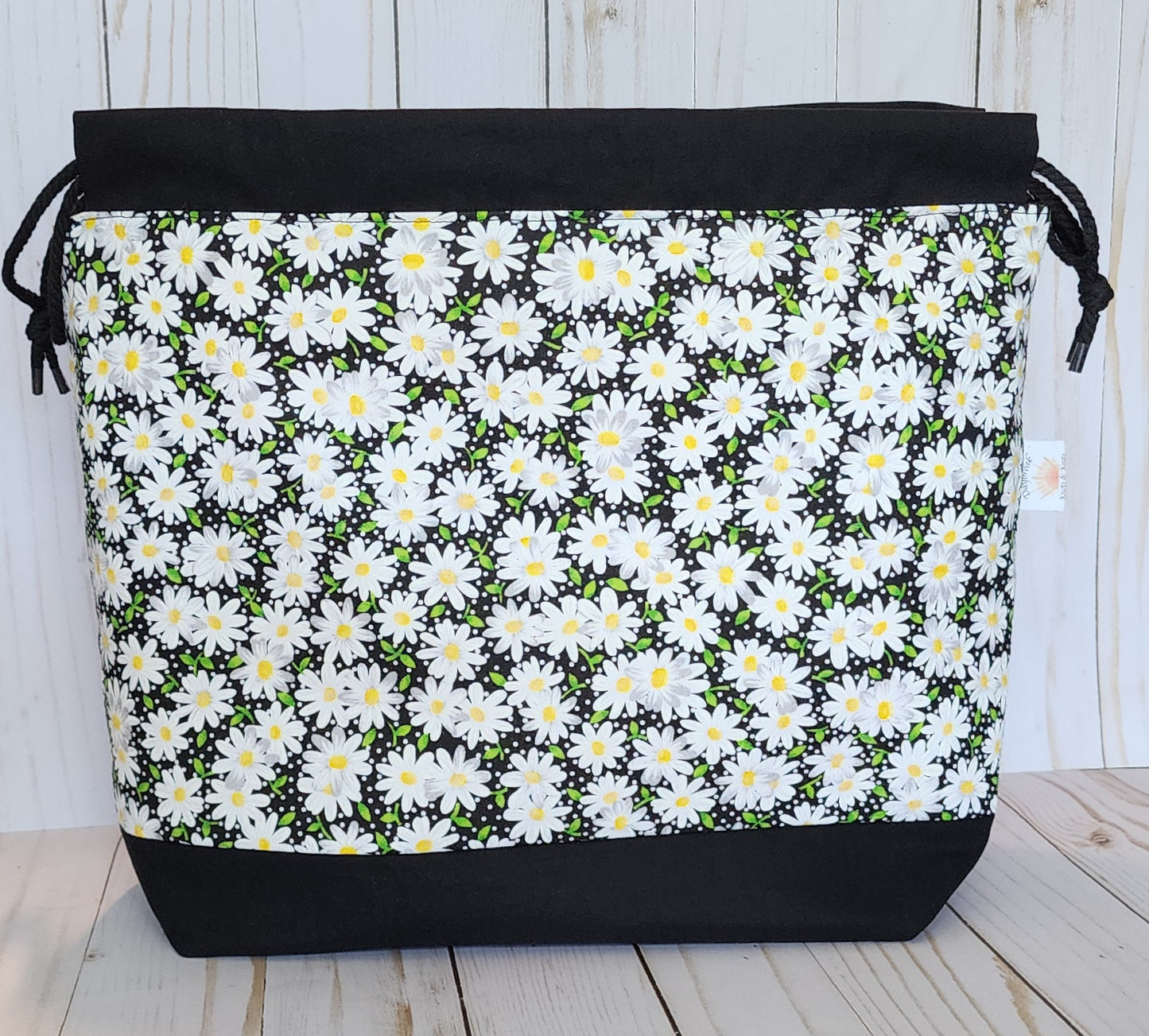 Daisy on Black Large Drawstring Project Bag
