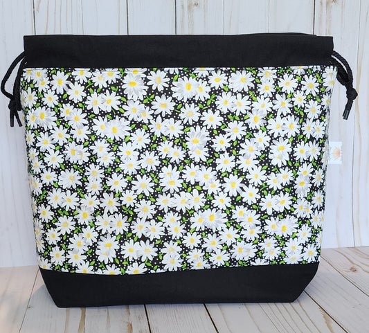 Daisy on Black Large Drawstring Project Bag