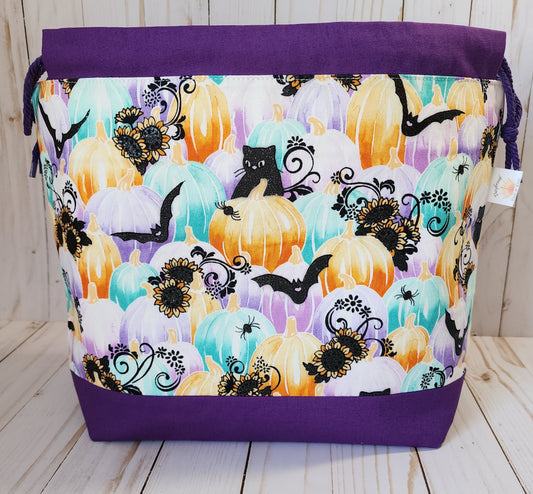 Cats and Pumpkins Purple Large Drawstring Project Bag
