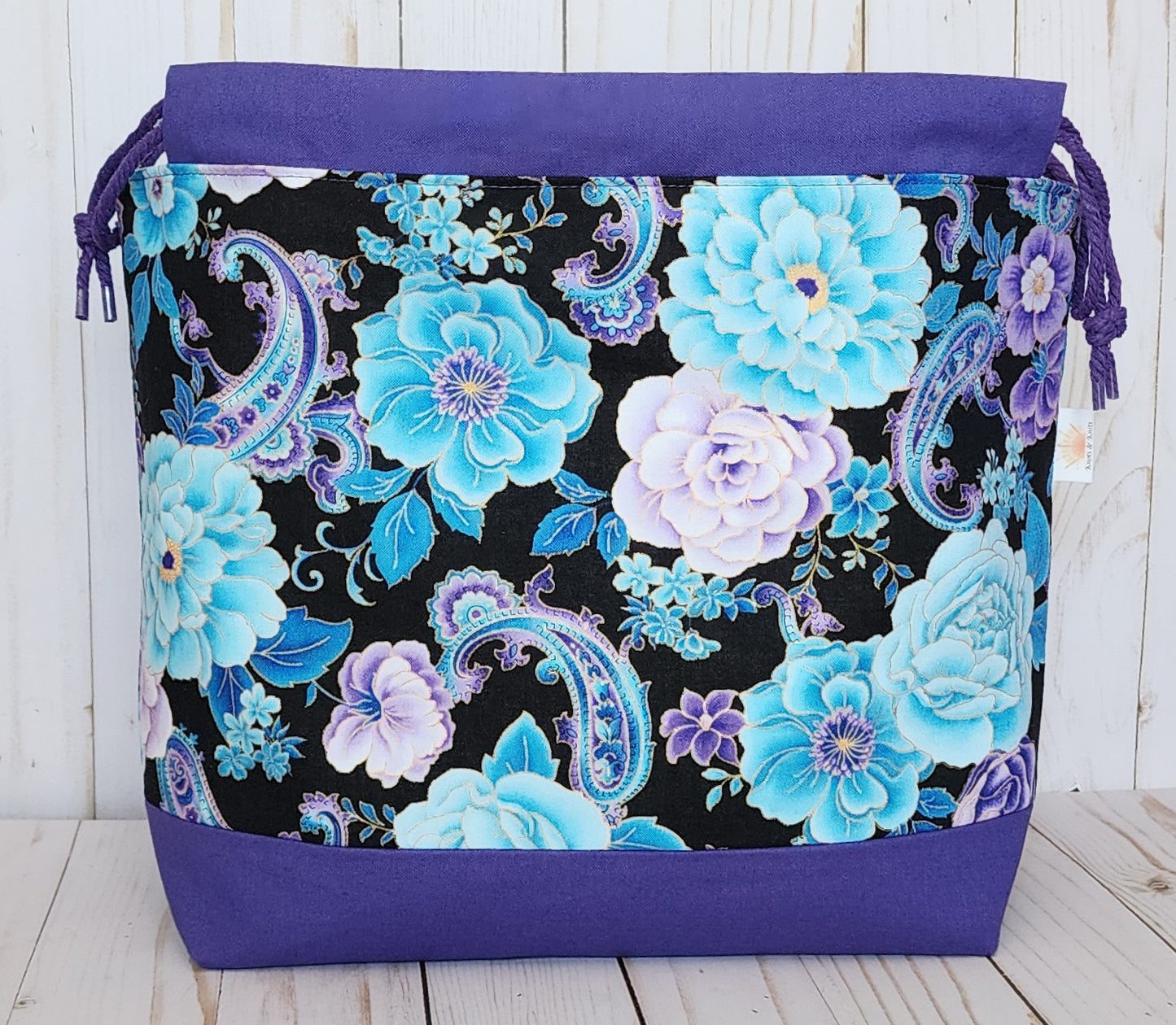 Large Purple Flowers Drawstring Project Bag