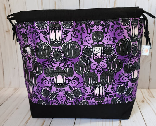Lanterns, Pumpkins, and Sunflowers Black Large Drawstring Project Bag