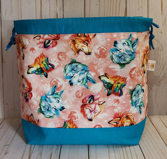 Wolves Teal Large Drawstring Project Bag