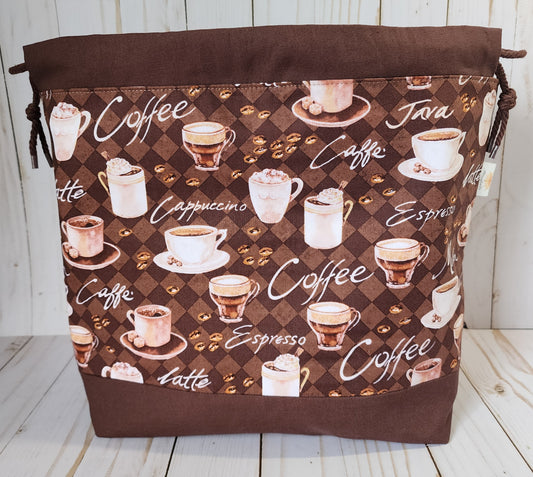 Coffee Theme Dark Large Drawstring Project Bag