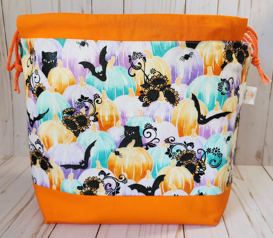 Cats and Pumpkins Orange Large Drawstring Project Bag