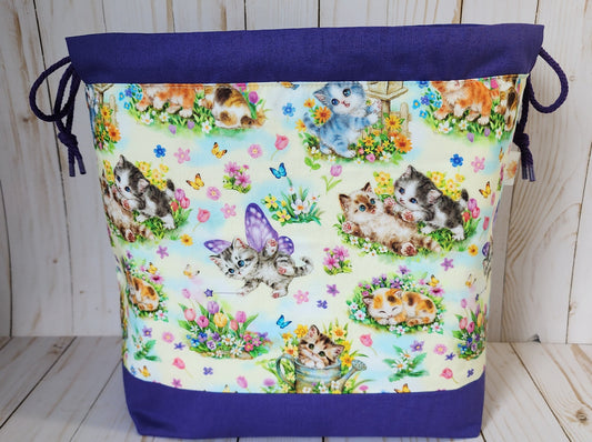 Kittens and Butterflies Purple Large Drawstring Project Bag