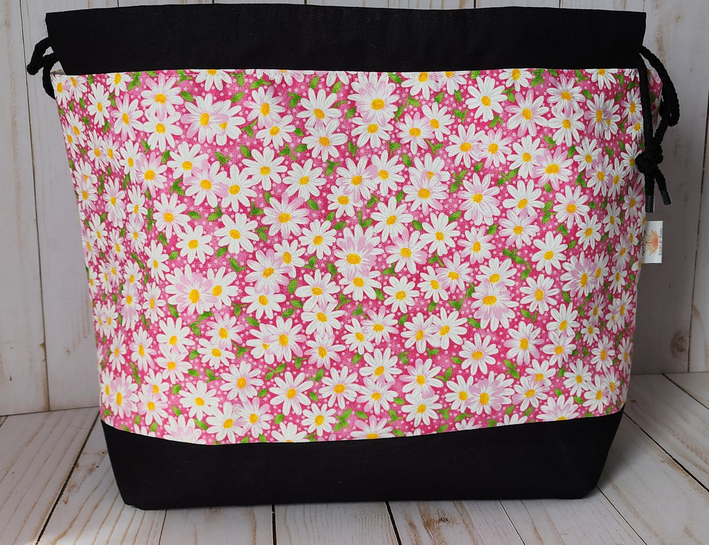 Daisy's with Black Large Drawstring Project Bag