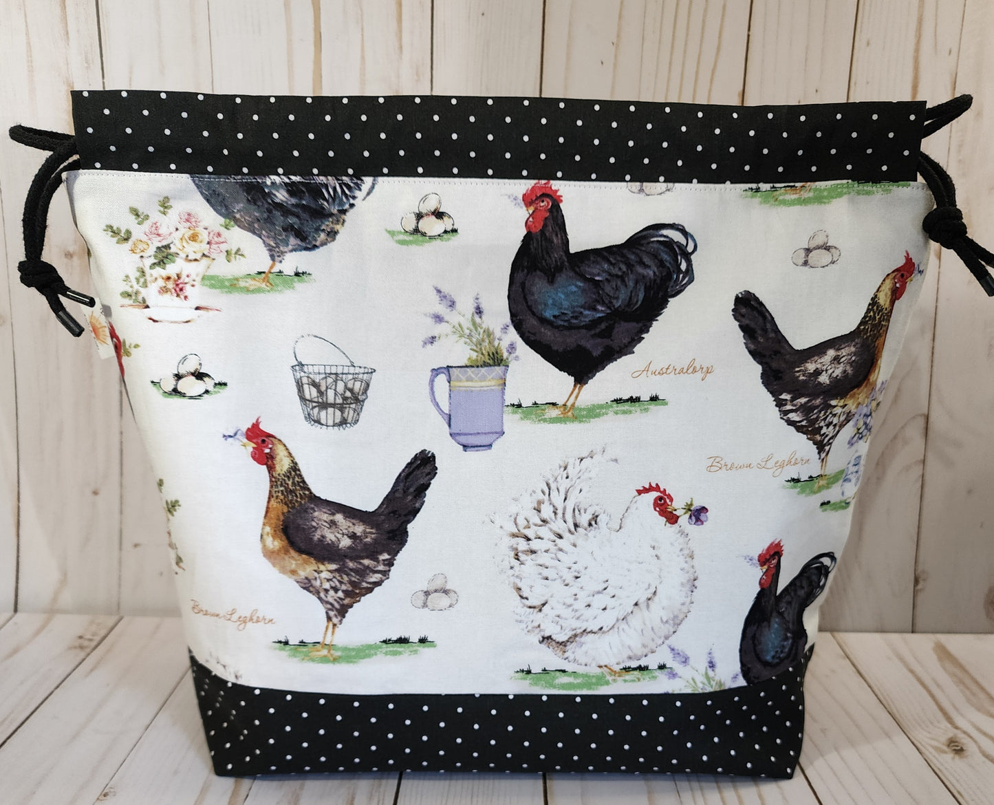 Chickens White/Black Large Drawstring Project Bag