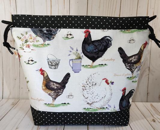 Chickens White/Black Large Drawstring Project Bag